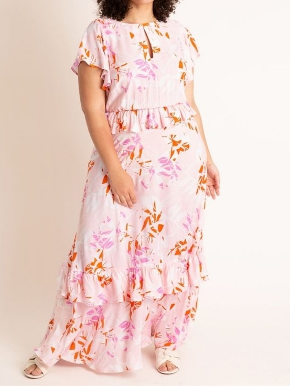 Eloquii Pink Tropical Floral Print Ruffled Tiered Hem Maxi Dress
